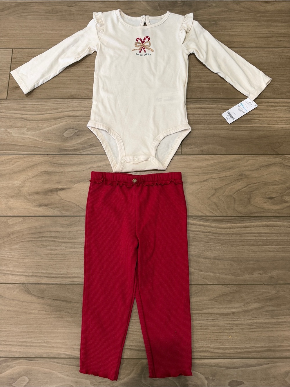 Oh So Jolly Cream Ruffle Long-Sleeve Bodysuit with Red Ribbed Pants
